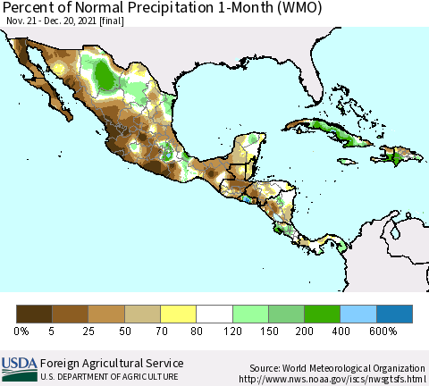 Mexico Central America and the Caribbean Percent of Normal Precipitation 1-Month (WMO) Thematic Map For 11/21/2021 - 12/20/2021
