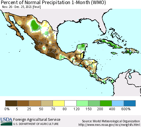 Mexico Central America and the Caribbean Percent of Normal Precipitation 1-Month (WMO) Thematic Map For 11/26/2021 - 12/25/2021