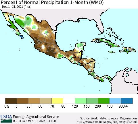 Mexico Central America and the Caribbean Percent of Normal Precipitation 1-Month (WMO) Thematic Map For 12/1/2021 - 12/31/2021