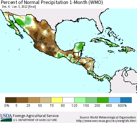 Mexico Central America and the Caribbean Percent of Normal Precipitation 1-Month (WMO) Thematic Map For 12/6/2021 - 1/5/2022