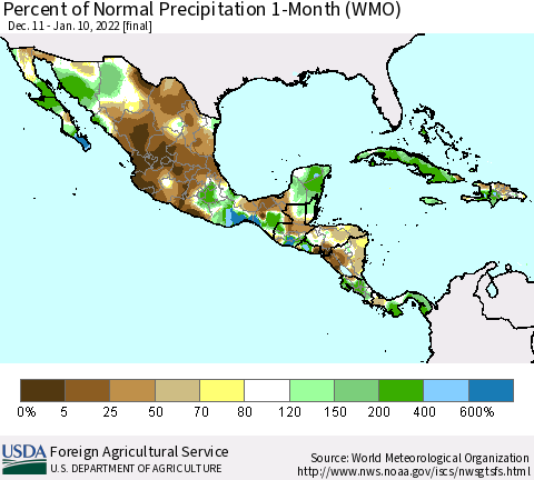 Mexico Central America and the Caribbean Percent of Normal Precipitation 1-Month (WMO) Thematic Map For 12/11/2021 - 1/10/2022