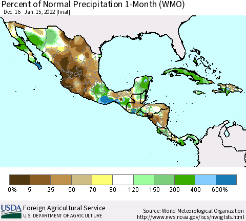 Mexico Central America and the Caribbean Percent of Normal Precipitation 1-Month (WMO) Thematic Map For 12/16/2021 - 1/15/2022