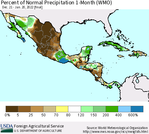 Mexico Central America and the Caribbean Percent of Normal Precipitation 1-Month (WMO) Thematic Map For 12/21/2021 - 1/20/2022