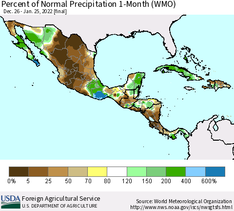 Mexico Central America and the Caribbean Percent of Normal Precipitation 1-Month (WMO) Thematic Map For 12/26/2021 - 1/25/2022