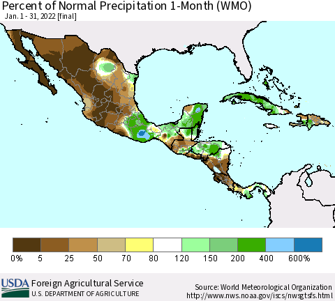 Mexico Central America and the Caribbean Percent of Normal Precipitation 1-Month (WMO) Thematic Map For 1/1/2022 - 1/31/2022