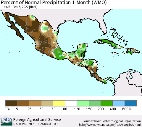 Mexico Central America and the Caribbean Percent of Normal Precipitation 1-Month (WMO) Thematic Map For 1/6/2022 - 2/5/2022