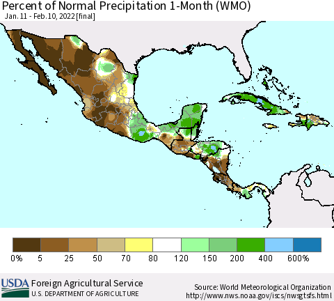 Mexico Central America and the Caribbean Percent of Normal Precipitation 1-Month (WMO) Thematic Map For 1/11/2022 - 2/10/2022