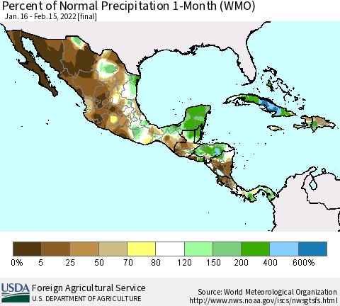 Mexico Central America and the Caribbean Percent of Normal Precipitation 1-Month (WMO) Thematic Map For 1/16/2022 - 2/15/2022