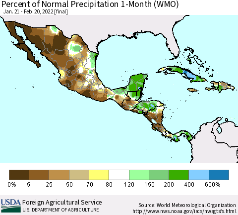 Mexico Central America and the Caribbean Percent of Normal Precipitation 1-Month (WMO) Thematic Map For 1/21/2022 - 2/20/2022