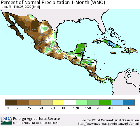Mexico Central America and the Caribbean Percent of Normal Precipitation 1-Month (WMO) Thematic Map For 1/26/2022 - 2/25/2022
