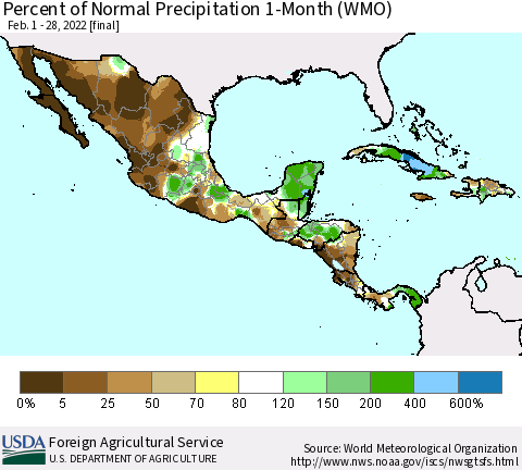 Mexico Central America and the Caribbean Percent of Normal Precipitation 1-Month (WMO) Thematic Map For 2/1/2022 - 2/28/2022