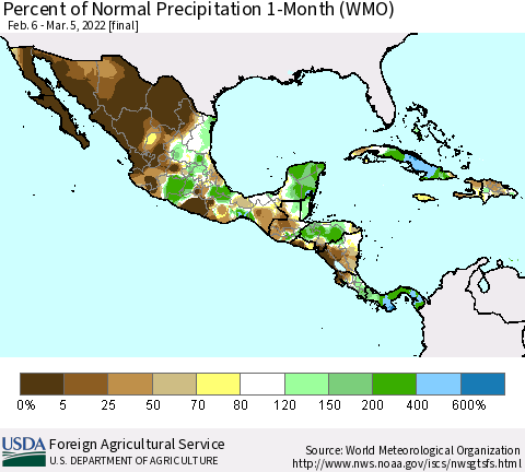 Mexico Central America and the Caribbean Percent of Normal Precipitation 1-Month (WMO) Thematic Map For 2/6/2022 - 3/5/2022