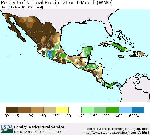 Mexico Central America and the Caribbean Percent of Normal Precipitation 1-Month (WMO) Thematic Map For 2/11/2022 - 3/10/2022