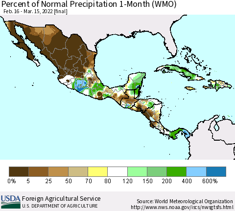 Mexico Central America and the Caribbean Percent of Normal Precipitation 1-Month (WMO) Thematic Map For 2/16/2022 - 3/15/2022