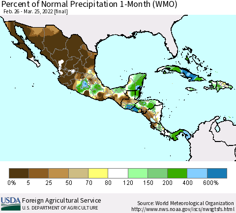 Mexico Central America and the Caribbean Percent of Normal Precipitation 1-Month (WMO) Thematic Map For 2/26/2022 - 3/25/2022
