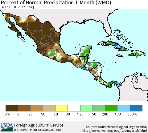 Mexico Central America and the Caribbean Percent of Normal Precipitation 1-Month (WMO) Thematic Map For 3/1/2022 - 3/31/2022
