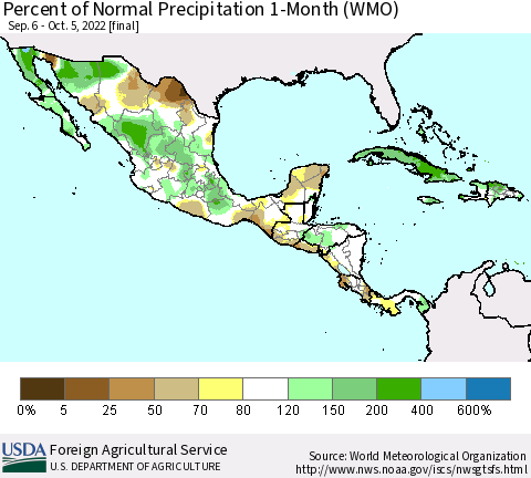 Mexico Central America and the Caribbean Percent of Normal Precipitation 1-Month (WMO) Thematic Map For 9/6/2022 - 10/5/2022