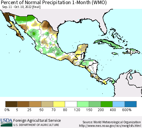 Mexico Central America and the Caribbean Percent of Normal Precipitation 1-Month (WMO) Thematic Map For 9/11/2022 - 10/10/2022