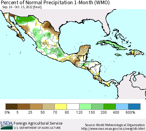Mexico Central America and the Caribbean Percent of Normal Precipitation 1-Month (WMO) Thematic Map For 9/16/2022 - 10/15/2022
