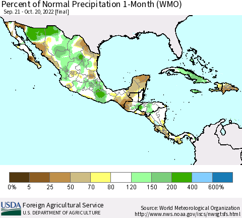 Mexico Central America and the Caribbean Percent of Normal Precipitation 1-Month (WMO) Thematic Map For 9/21/2022 - 10/20/2022