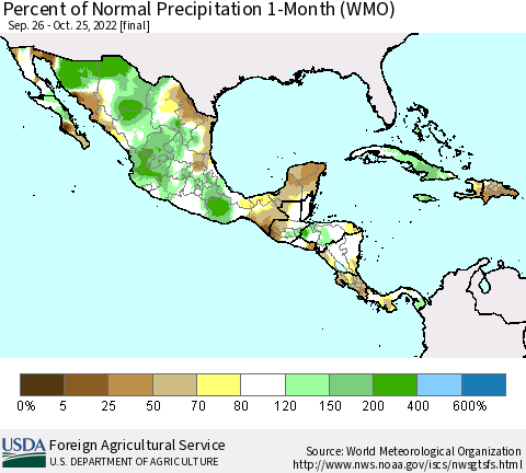 Mexico Central America and the Caribbean Percent of Normal Precipitation 1-Month (WMO) Thematic Map For 9/26/2022 - 10/25/2022