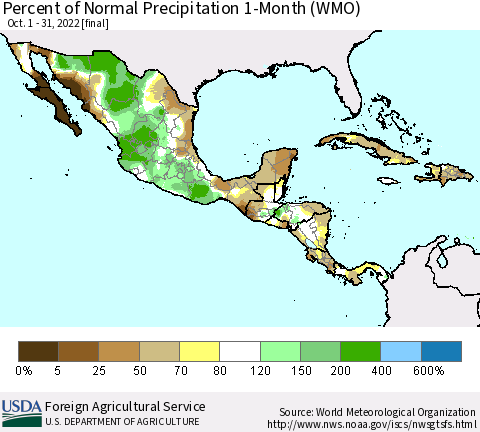 Mexico Central America and the Caribbean Percent of Normal Precipitation 1-Month (WMO) Thematic Map For 10/1/2022 - 10/31/2022