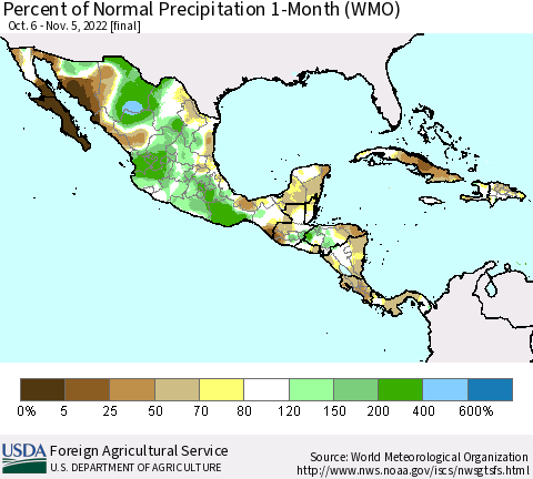 Mexico Central America and the Caribbean Percent of Normal Precipitation 1-Month (WMO) Thematic Map For 10/6/2022 - 11/5/2022