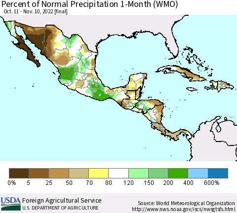 Mexico Central America and the Caribbean Percent of Normal Precipitation 1-Month (WMO) Thematic Map For 10/11/2022 - 11/10/2022