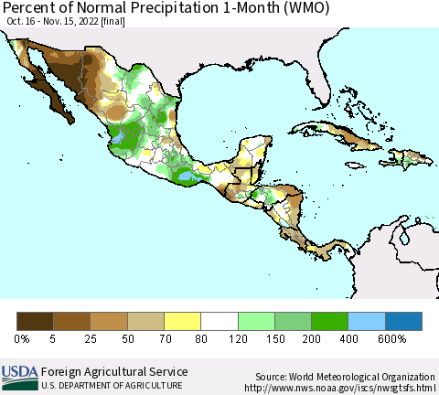 Mexico Central America and the Caribbean Percent of Normal Precipitation 1-Month (WMO) Thematic Map For 10/16/2022 - 11/15/2022