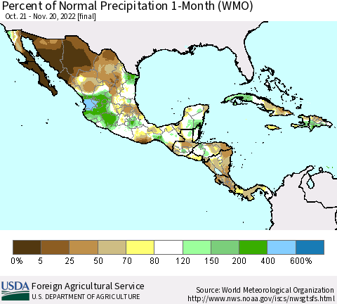 Mexico Central America and the Caribbean Percent of Normal Precipitation 1-Month (WMO) Thematic Map For 10/21/2022 - 11/20/2022