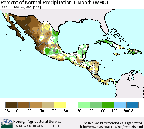Mexico Central America and the Caribbean Percent of Normal Precipitation 1-Month (WMO) Thematic Map For 10/26/2022 - 11/25/2022