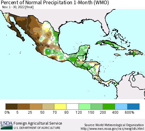 Mexico Central America and the Caribbean Percent of Normal Precipitation 1-Month (WMO) Thematic Map For 11/1/2022 - 11/30/2022