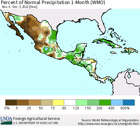 Mexico Central America and the Caribbean Percent of Normal Precipitation 1-Month (WMO) Thematic Map For 11/6/2022 - 12/5/2022