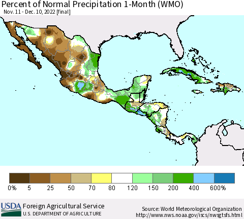 Mexico Central America and the Caribbean Percent of Normal Precipitation 1-Month (WMO) Thematic Map For 11/11/2022 - 12/10/2022