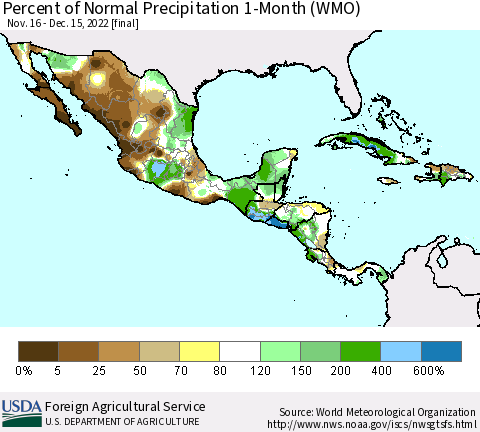 Mexico Central America and the Caribbean Percent of Normal Precipitation 1-Month (WMO) Thematic Map For 11/16/2022 - 12/15/2022