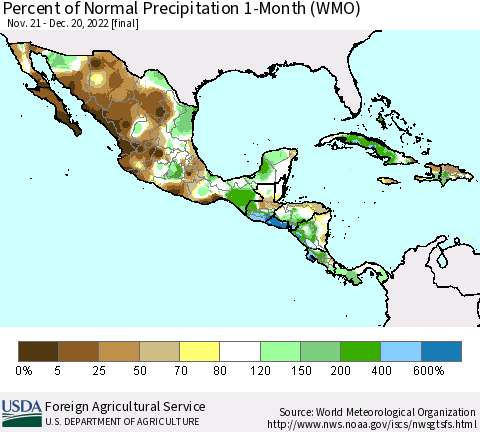 Mexico Central America and the Caribbean Percent of Normal Precipitation 1-Month (WMO) Thematic Map For 11/21/2022 - 12/20/2022