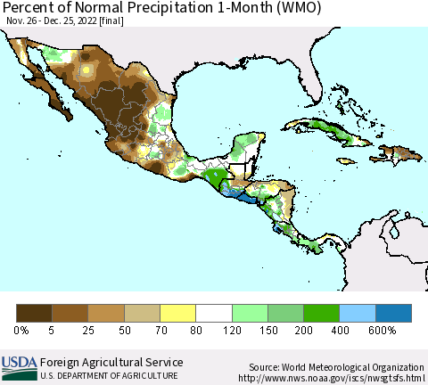 Mexico Central America and the Caribbean Percent of Normal Precipitation 1-Month (WMO) Thematic Map For 11/26/2022 - 12/25/2022