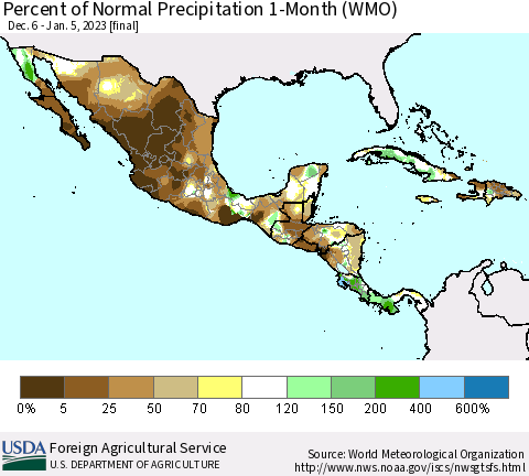 Mexico Central America and the Caribbean Percent of Normal Precipitation 1-Month (WMO) Thematic Map For 12/6/2022 - 1/5/2023
