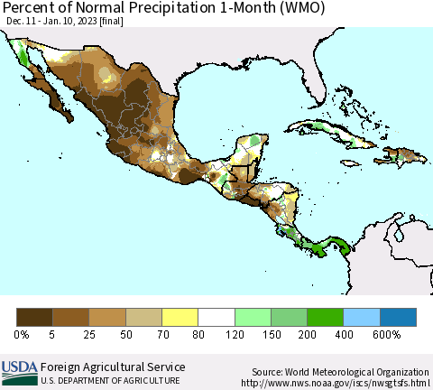 Mexico Central America and the Caribbean Percent of Normal Precipitation 1-Month (WMO) Thematic Map For 12/11/2022 - 1/10/2023