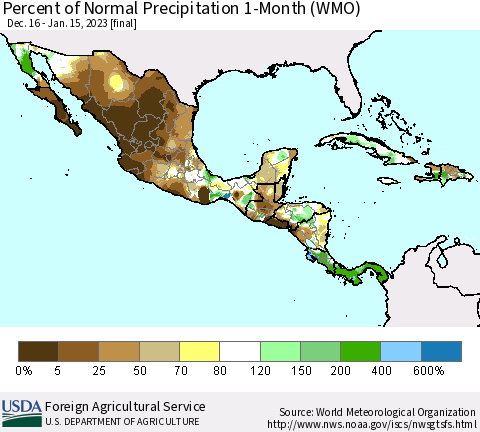 Mexico Central America and the Caribbean Percent of Normal Precipitation 1-Month (WMO) Thematic Map For 12/16/2022 - 1/15/2023