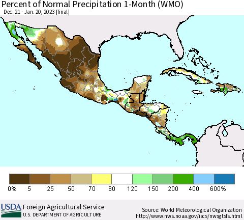 Mexico Central America and the Caribbean Percent of Normal Precipitation 1-Month (WMO) Thematic Map For 12/21/2022 - 1/20/2023