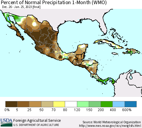 Mexico Central America and the Caribbean Percent of Normal Precipitation 1-Month (WMO) Thematic Map For 12/26/2022 - 1/25/2023