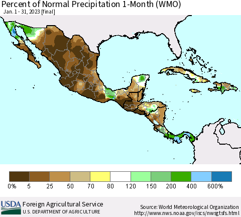 Mexico Central America and the Caribbean Percent of Normal Precipitation 1-Month (WMO) Thematic Map For 1/1/2023 - 1/31/2023