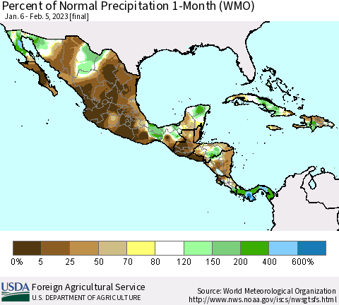 Mexico Central America and the Caribbean Percent of Normal Precipitation 1-Month (WMO) Thematic Map For 1/6/2023 - 2/5/2023