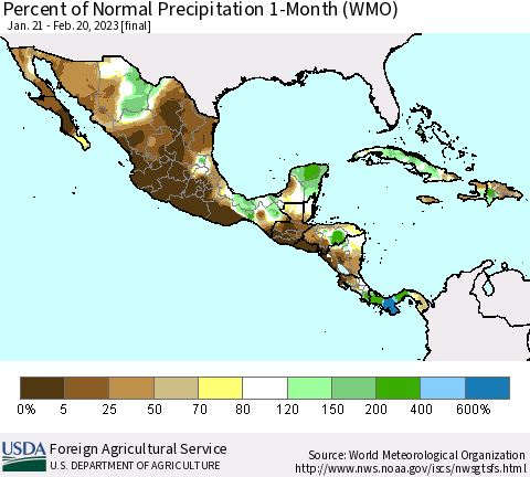 Mexico Central America and the Caribbean Percent of Normal Precipitation 1-Month (WMO) Thematic Map For 1/21/2023 - 2/20/2023