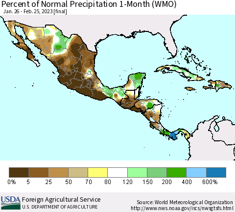 Mexico Central America and the Caribbean Percent of Normal Precipitation 1-Month (WMO) Thematic Map For 1/26/2023 - 2/25/2023