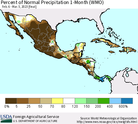 Mexico Central America and the Caribbean Percent of Normal Precipitation 1-Month (WMO) Thematic Map For 2/6/2023 - 3/5/2023