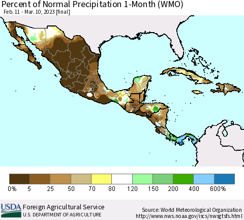 Mexico Central America and the Caribbean Percent of Normal Precipitation 1-Month (WMO) Thematic Map For 2/11/2023 - 3/10/2023