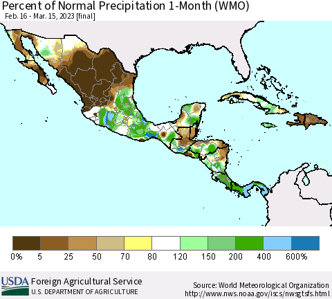Mexico Central America and the Caribbean Percent of Normal Precipitation 1-Month (WMO) Thematic Map For 2/16/2023 - 3/15/2023