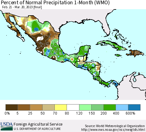 Mexico Central America and the Caribbean Percent of Normal Precipitation 1-Month (WMO) Thematic Map For 2/21/2023 - 3/20/2023